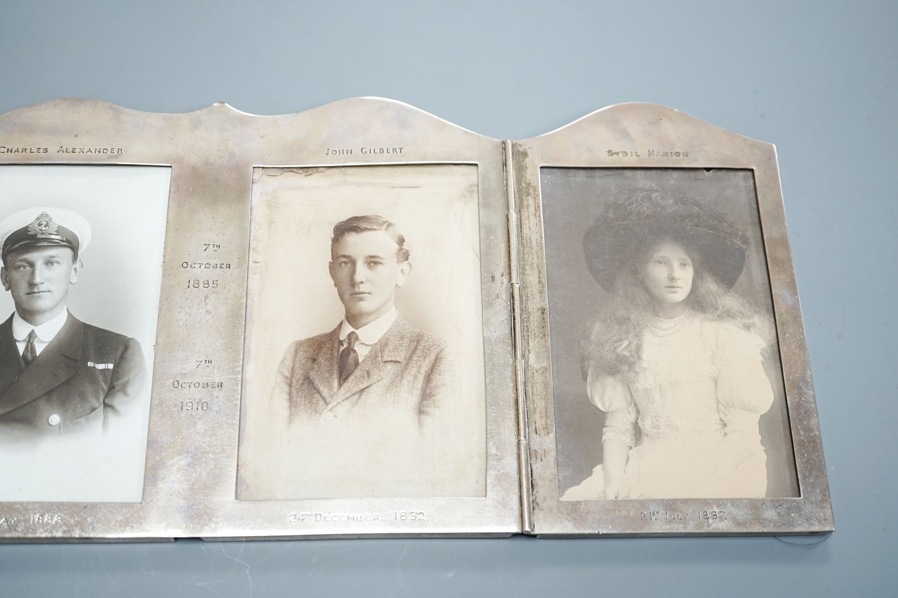 A George V silver folding four-division photograph frame, Daniel & John Welby, London, 1910, width 44.6cm